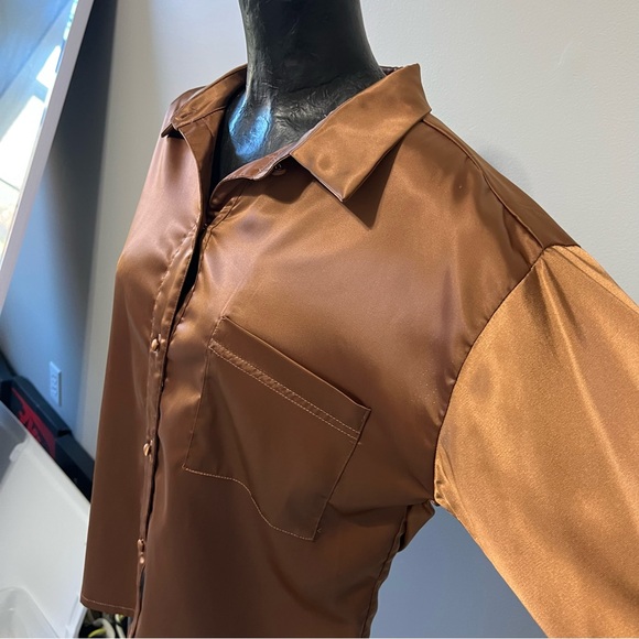 AFRM Satin Button Down Shirt in Brown - Picture 4 of 7